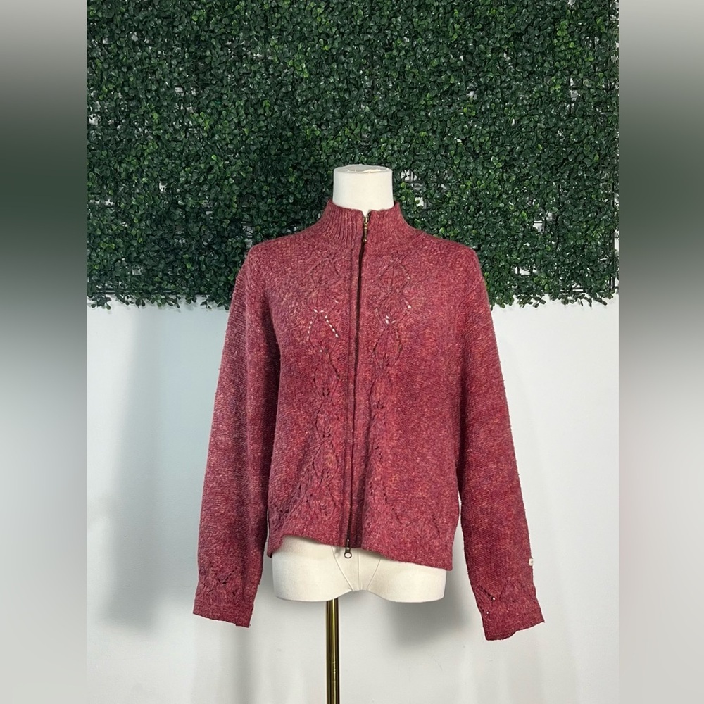 COLUMBIA Wool Cotton Blend Knit Outdoor Zip up Maroon Pink Sweater Size Small - Picture 1 of 15